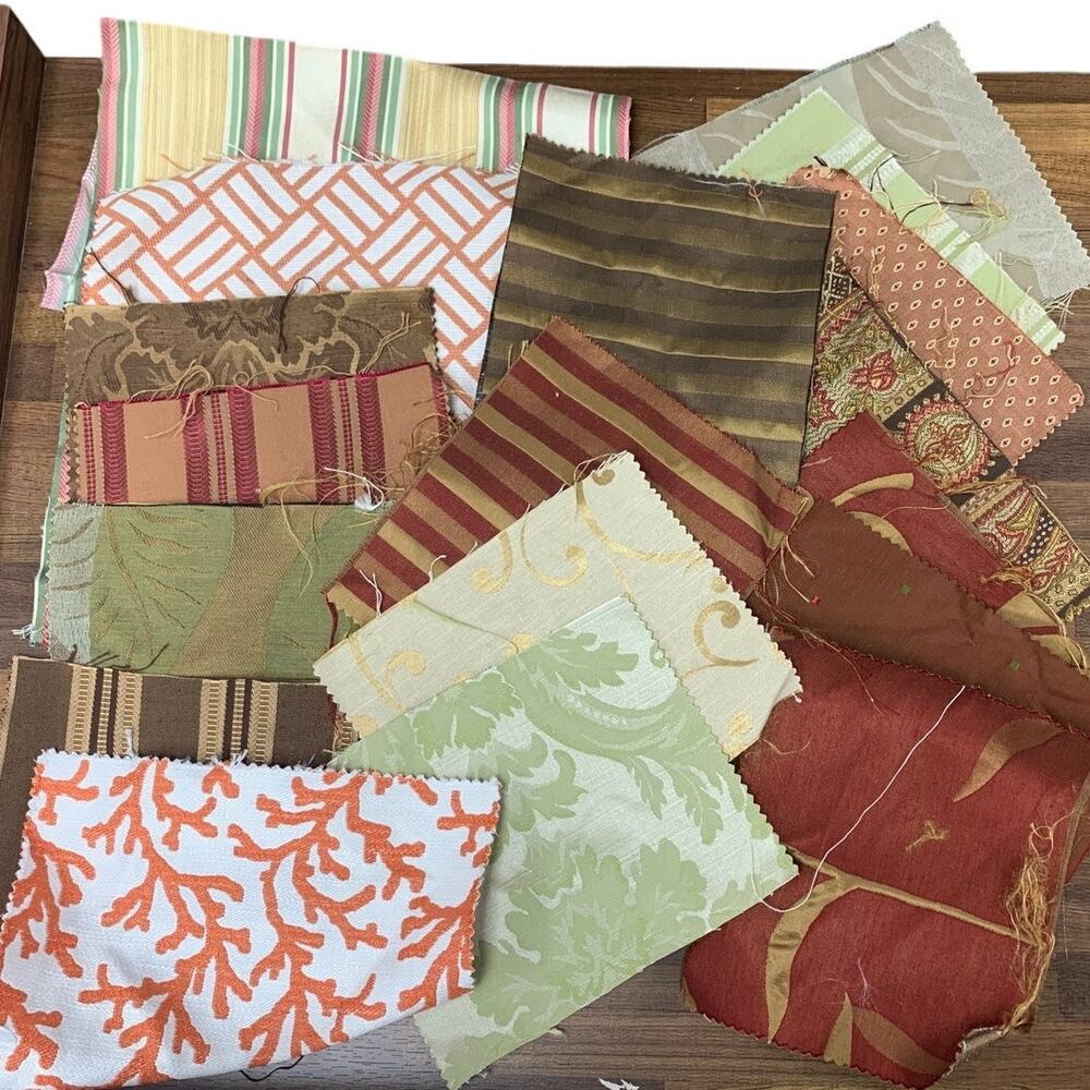 Lot of 18 Red Green Brown Striped Floral Leaf Upholstery Fabric Swatches